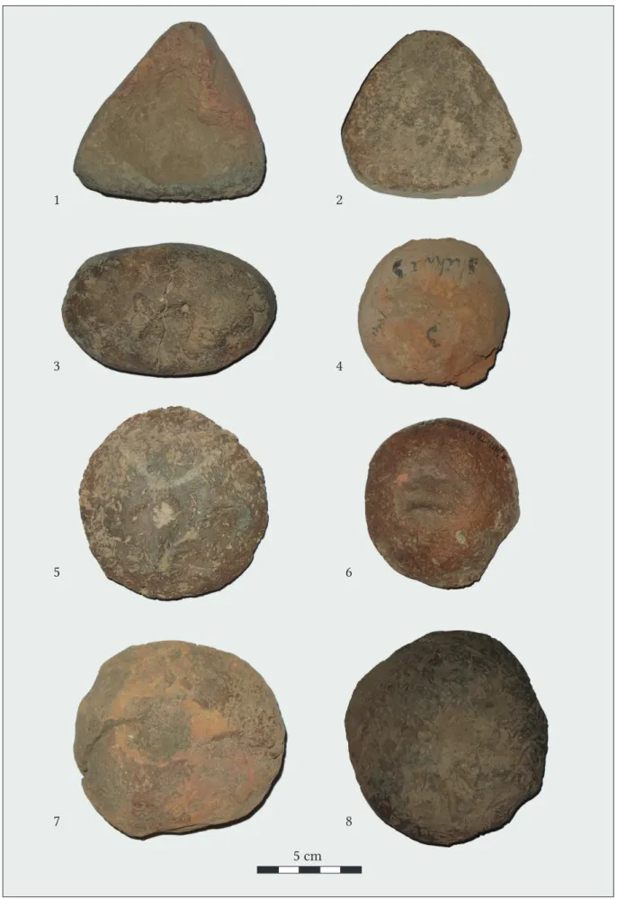 Fig. 9. Selection of terracotta cakes from Stein’s Sarasvatī collection: 1–2 – triangular shape, 3 – oval  shape, 4–8 – round shape.