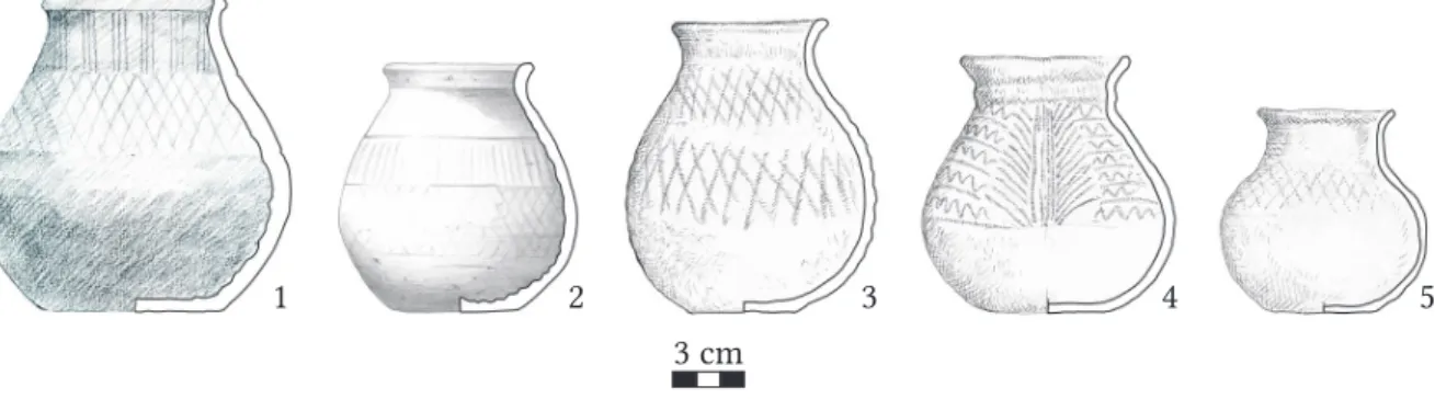 Fig. 5. Wheel-thrown pottery with burnished decoration from Noșlac/Marosnagylak: 1 – Grave 26; 2 –  Grave 64, 3 – Grave 30, 4 – Grave 46, 5 – Grave 25.