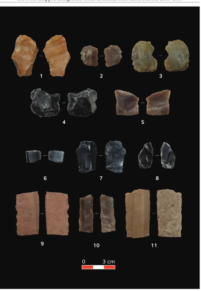 Fig. 4. Grd-i Tle, knapped lithics. 1 – reused retouched flake, 2, 5, 7: endscrapers; 6: retouched blade   fragment;  8:  retouched  flake;  9–11:  sickle  blades