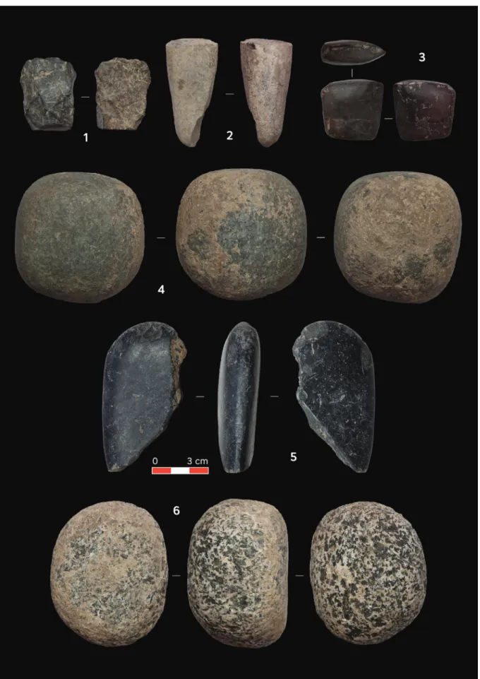 Fig. 5. Grd-i Tle, ground stone items. 1 – polished axe preform, metamorphite, 2 – small pestle (?), lime-  stone, 3 – small axe, basalt, 4 – rectilinear handstone, metamorphite, 5 – polished stone plaquet  (poun-der), basalt, 6 – oval handstone, granite (