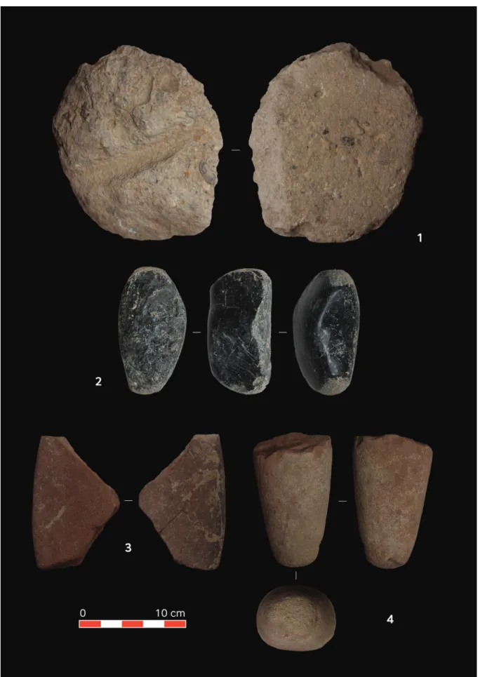 Fig. 6. Grd-i Tle, ground stone items. 1 – grooved limestone block, 2 – polished double pounder   with  specific  shape,  basalt,  3  –  sandstone  plaquette,  4  –  unipolar  cylindrical  pestle,  sandstone   (photos: A