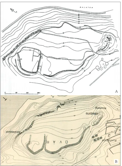 Fig. 3.  A – Contour survey of the Óvár made by Gyula Nováki and András Uzsoki (Nováki – Uzsoki  1999, 68), B – Countur-map of the site published by Kuzsinszky (Kuzsinszky 1920, 168).