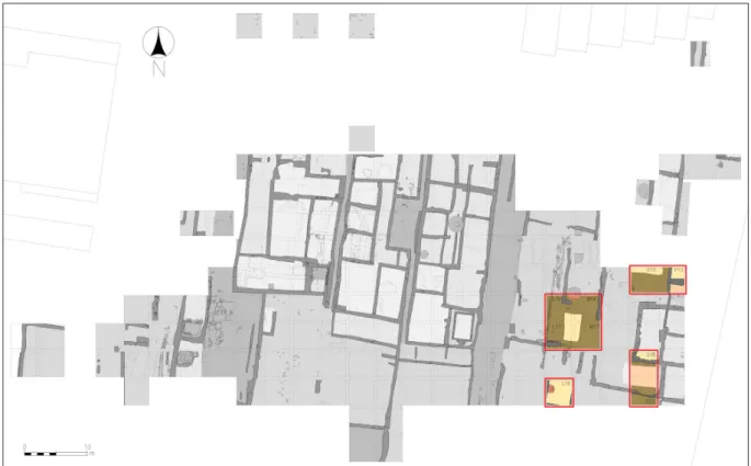Fig. 1. Plan of the excavations at Szőny-Vásártér in 2015. The cellar is situated in sections L16–17, M16–17 (Plan: L