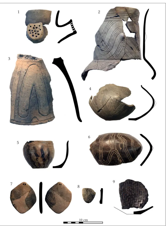 Fig. 4. Decorated vessels and objects from Tiszalök-Hajnalos.