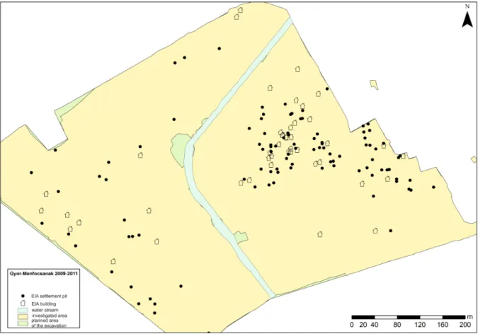 Fig. 3. The excavated area in Győr-Ménfőcsanak (2009-2011) and the plan of the EIA settlement (authors: