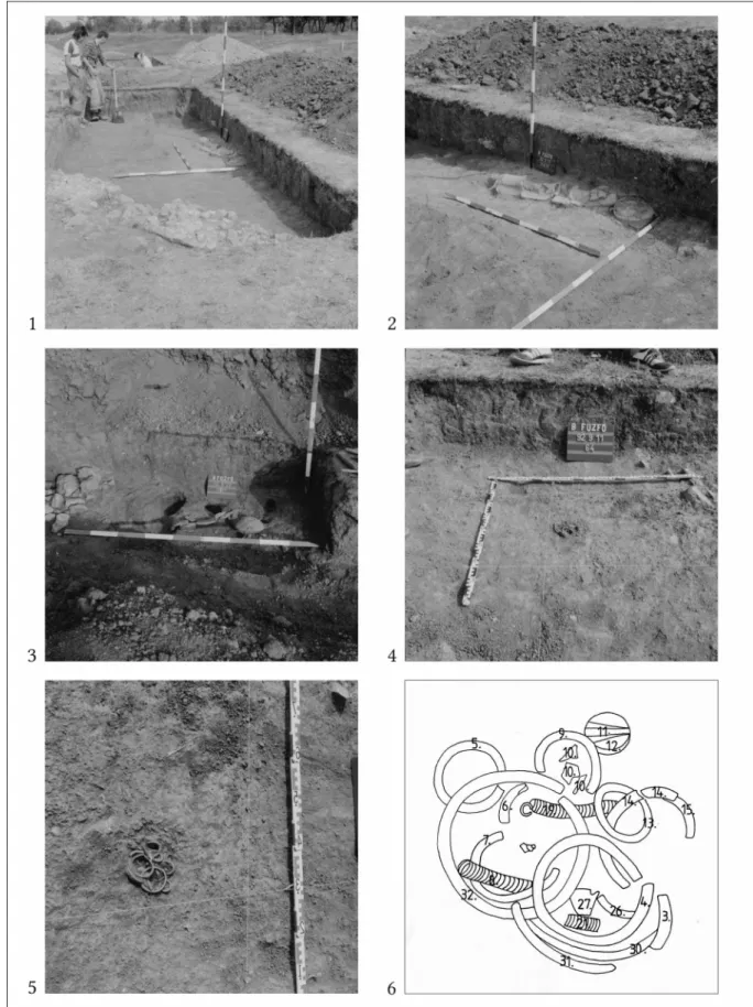 Fig. 2. 1–3. Grave 1. 4–5: Grave 2 during the excavation (Photo: Sylvia K. Palágyi). 6