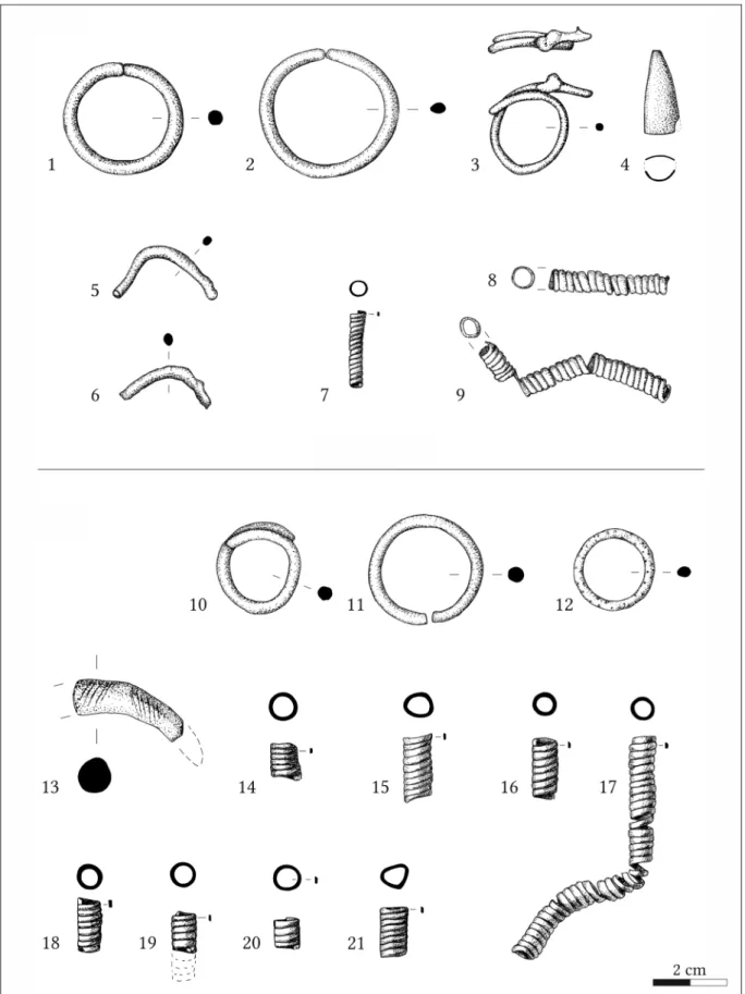 Fig. 5. 1–9. Bronze objects from Graves 2. 10–21. Bronze objects from Grave 4 (Drawing: András Radics).