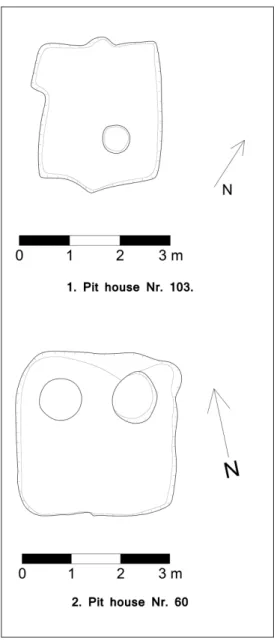 Fig. 4. Pit houses from the site of Ács-Kovács-rétek. No. 103 (1) has two probable postholes represented by nooks in the pit wall, while No