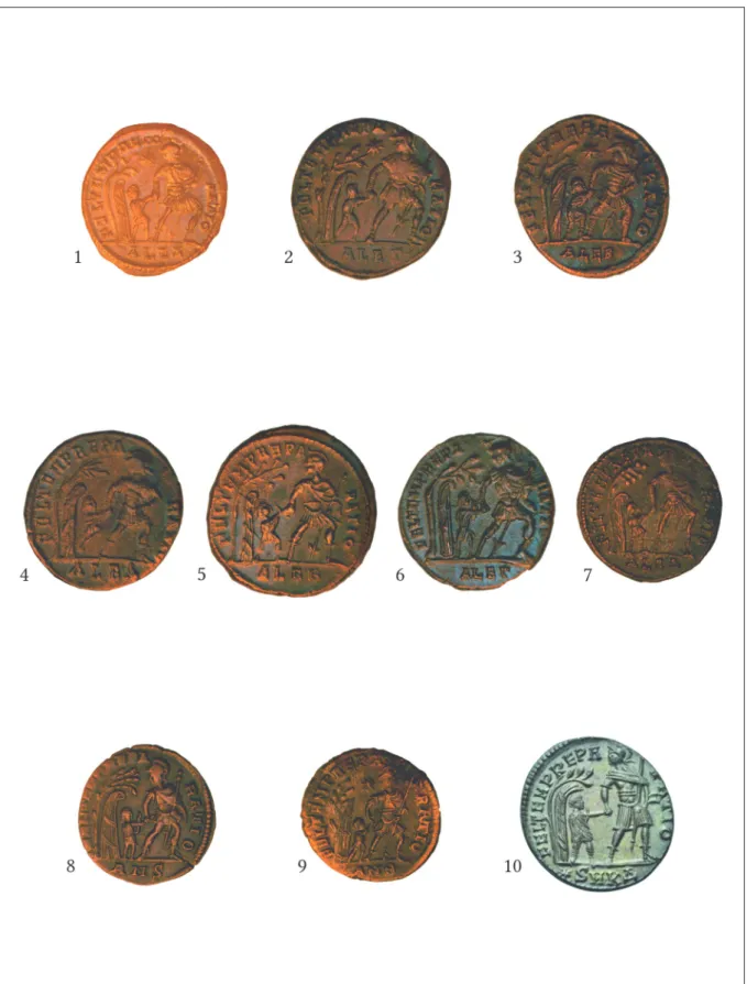 Fig. 8. Coins with type 1 hut walls. 1. Alexandria (ÉT: Weszerle 276a); 2. Alexandria (ÉT: 223.1881.1); 3.