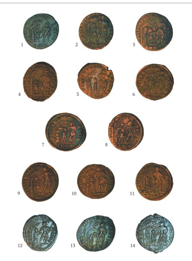 Fig. 9. Coins with type 2 hut walls. 1. Arles (ÉT: 54.1951.1053); 2. Heraclea (ÉT: 210.1871.7b); 3