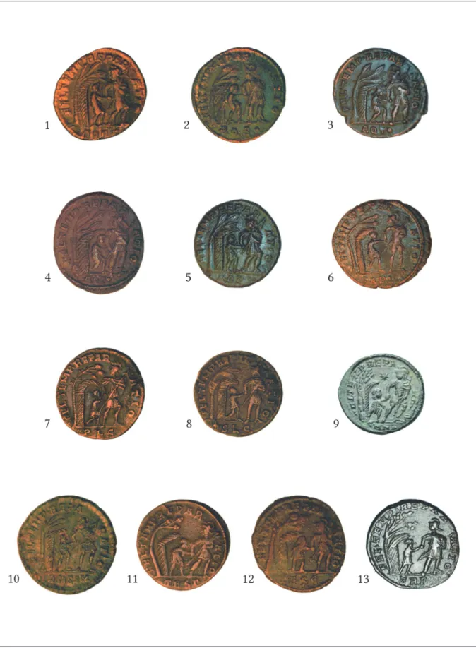 Fig. 10. Coins with type 3 hut walls. 1. Aquileia (ÉT: Bitnitz 11); 2. Aquileia (ÉT: 163.1869); 3