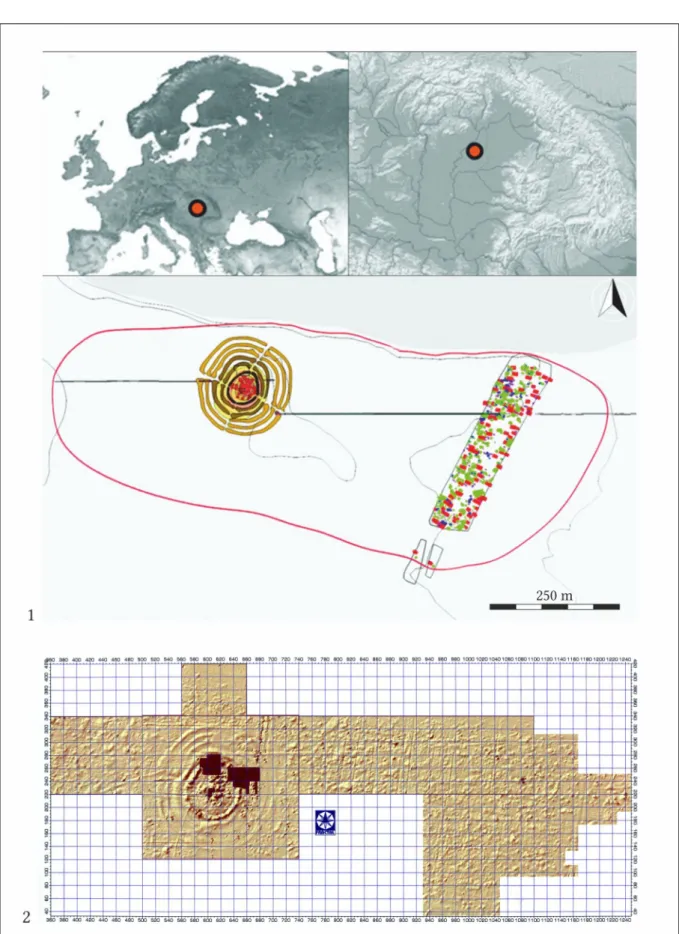 Fig. 1. Polgár-Csőszhalom. 1. The topography of the tell enclosed by a ditch system and the horizontal settle- settlement with the investigated areas, the reconstruction is based on magnetometer surveys, field surveys and ex  -cavations (after Raczky – And