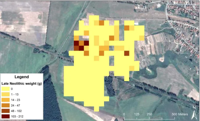 Fig. 6. Weight of Late Neolithic sherds collected by fieldwalking in 2013 (Zs. Siklósi).