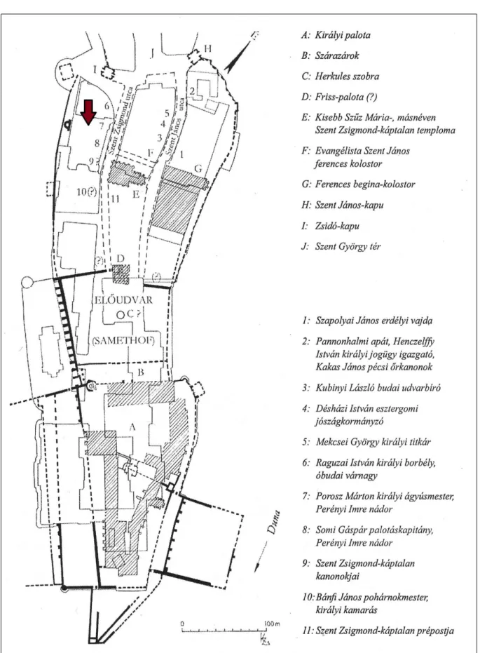 Fig. 3. Map of the Late Medieval house structures of Szent György Street (Medieval Szent Zsigmond Street) with the indication of the cannon foundry (drawing by Zs