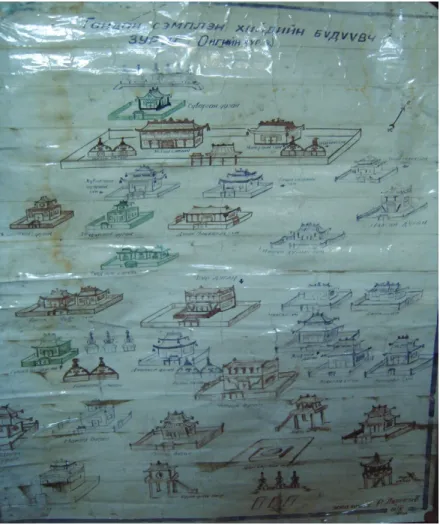 2. kép A kolostor szentélyeinek egykori elhelyezkedése. R. Lxangiw 1991-es rajza, melyet   G