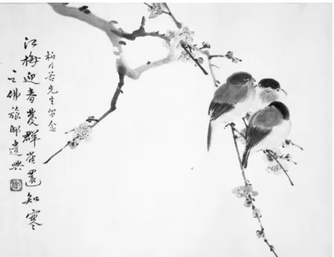 2. kép. Chen Zhifo: „A fenyő és a szilvavirág üdvözlik a tavaszi füveket,  egy verébcsapat kárpótolja magát a téli hidegért”