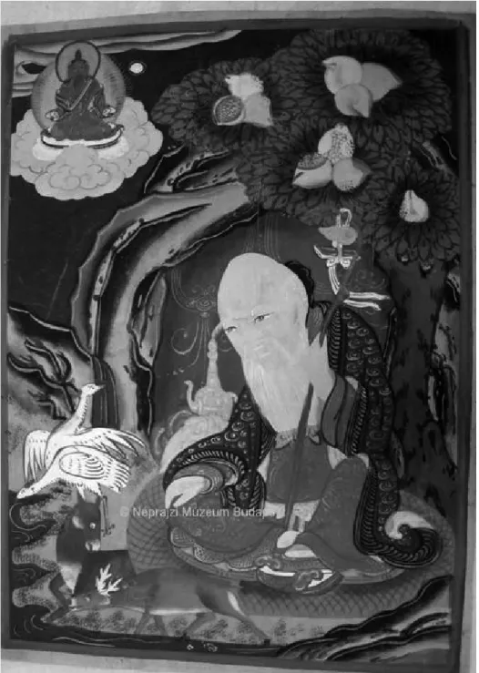 3. kép. A Fehér Öreg a hosszú élet jelképeivel körülvéve: szarvas- és darupár, vízesés és  sziklabarlang, gyümölcstermő fa