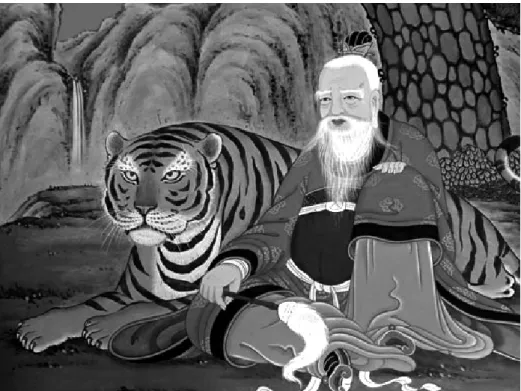 2. kép. Sanshin, a koreai mitológia hegyistene taoista köntösben, mellette kísérője, a tigris