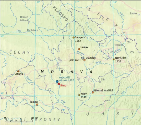 Figure 1 Moravian territorial lord’s towns, the usual gathering places of anti-Ottoman troops in  the Margraviate, in the pre-White Mountain period