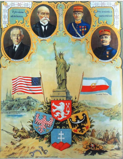 Figure 3 A poster celebrating the foundation of Czechoslovakia. It is rich with  symbolic attributes (shackles and the Austrian eagle at the bottom, a clear 