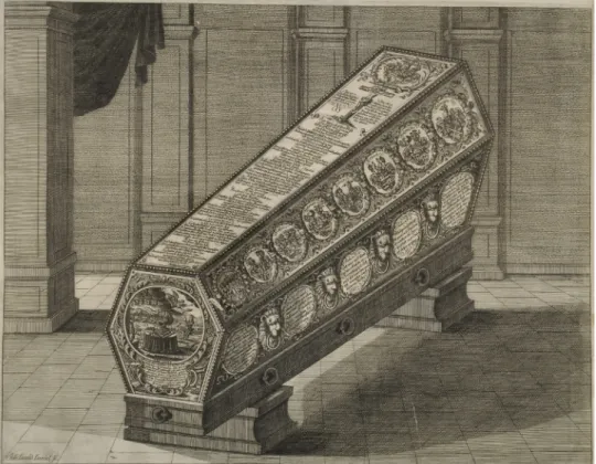 Figure 3 Decorated coffin of the Duke as a soldier of Christ (engraved by Johann David Daniel) 
