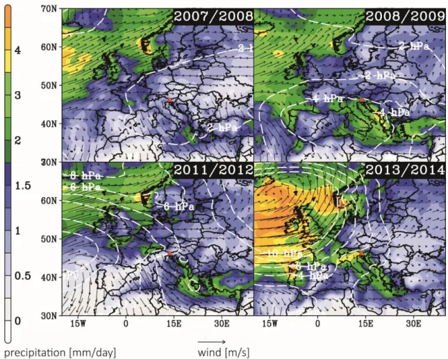 Figure 6. Mean weather patterns observed over Europe during dry (2006–2007, 2011–2012) and extremely snowy winters  (2008–2009, 2013–14)