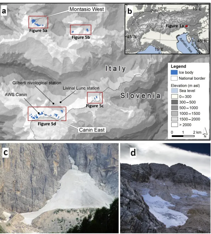Figure 1. (a) Distribution of ice bodies in the Italian Julian Alps. (b) Location of the Julian Alps  study area