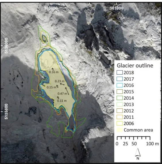 Figure 2. Outlines of the Canin East GIP for the period 2006–2018. Common area, which was used  for surface elevation changes and further in mass balance calculations, represents the intersect  area from all observational years in the period 2006–2018