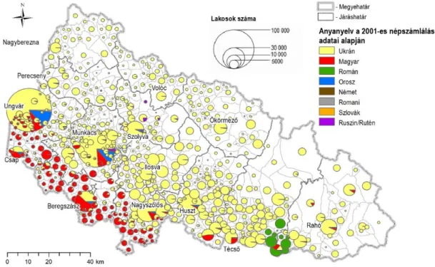 3. térkép. A lakosság anyanyelvi összetétele Kárpátalján településenként a 2001-es cenzus adatai alapján  