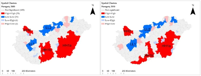Figure 6. LISA * cluster maps of the Hungarian pig population, 2000 and 2010. * Local indicator of spatial autocorrelation  (local Moran’s I has been used as indicator)