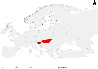 Figure 1. Geolocation of Hungary (HU) and Slovenia (SI) within Europe. Source: authors’ construc- construc-tion, shape downloaded from [17]