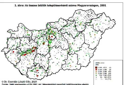 1. ábra: Az összes üdülők településenkénti száma Magyarországon, 2001  Forrás: Saját szerkesztés a KSH 2001