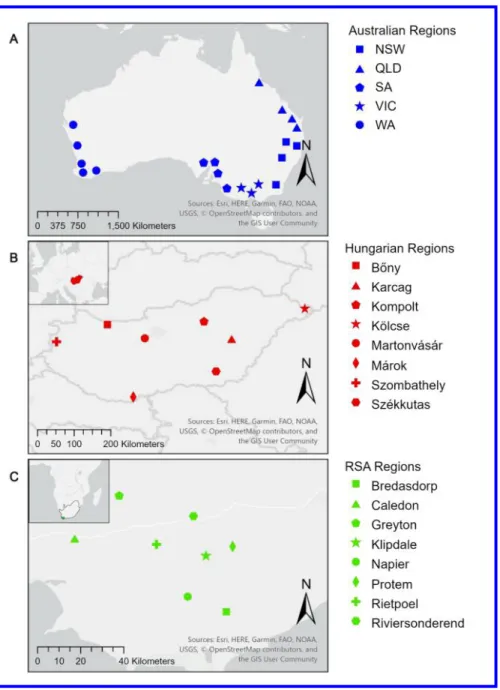 Fig. 1. Sample collection regions of Pyrenophora teres f. teres isolates in (A) Australia, (B) Hungary and (C)  Republic of South Africa (RSA)