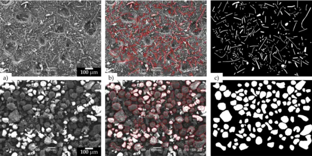 Fig.  2. The  steps of the particle  size distribution measurement: (a) The  SEM image,  (b) the selected circumference of the particles and  their  maximum diameter (c)  area of  selected particles  in the binary image