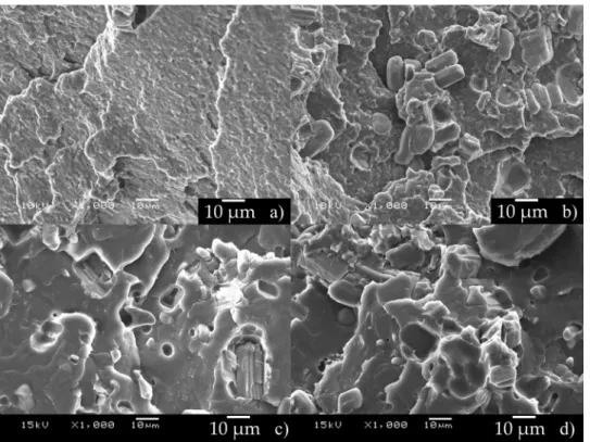 Fig.  6. Scanning  electron microscopic  images of fracture surfaces  with 10  0  0  × magniﬁcation: a)  PLA, b)  PLA/APP,  c) PLA/APP/HP-  β -CD  powder and  d)  PLA/APP/HP-  β -CD  ﬁbre