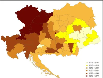 10. ábra. Kereskedelmi és ipari adózók aránya a lakossághoz / Industrial and  commercial tax-payers together measured to total population (1862, 1=100%) 