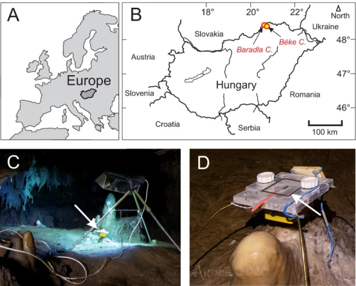 Fig 1. A) and B) Locations of the Baradla and Be´ke Caves. C) Sampling site illuminated with a UV-lamp