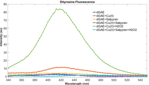 Figure 7. Fluorescence monitoring of the formation of dityrosine bridges from Cu(II)/H 2 O 2 oxidation of the tau dGAE fragment