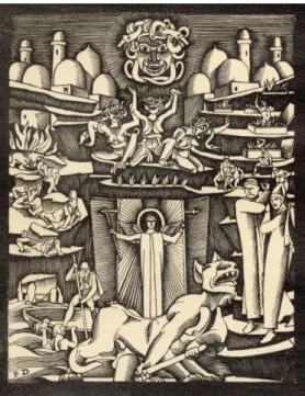 Fig. 11. Dezső Fáy, Illustrazione ai canti 7-10 dell’Inferno di Dante, xilografia, 32x24  cm (Fa parte di: 40 xilografie di Dezső Fáy per la Divina Commedia di Dante 