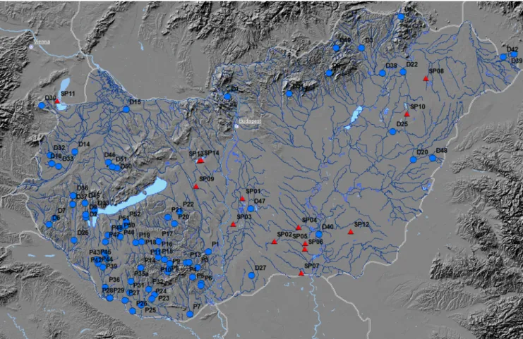 Fig. 2. Map of the sampling sites: blue dots represent rivers and stream and red triangles indicate soda pans