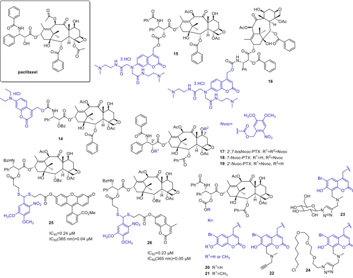 Figure 5. Photocaged paclitaxel derivatives, the PPG indicated in blue. 