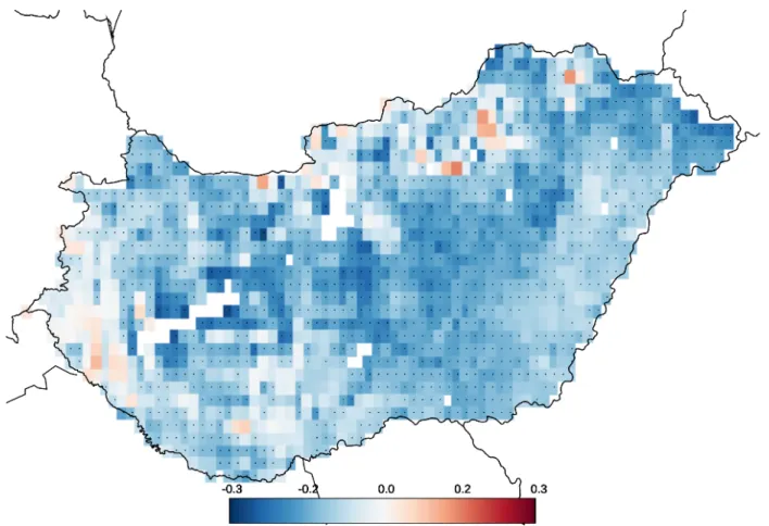 Figure 4. Heat map indicating the relative contribution of model (blue cells) and meteorological  dataset (red cells) preference in explaining the observed start of spring (SOS) variability