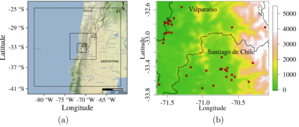 Figure 1. (a) Representation of the domains 1, 2 and 3 used in the WRF model at 18 km, 6 km, and 2 km horizontal resolutions respectively and (b) Altitude map and the location of monitoring