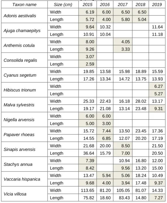 Table 1. Size of archaeophyte taxa in the 2015-2019 vegetation periods, in situ micro-plot  study (Cegléd) 