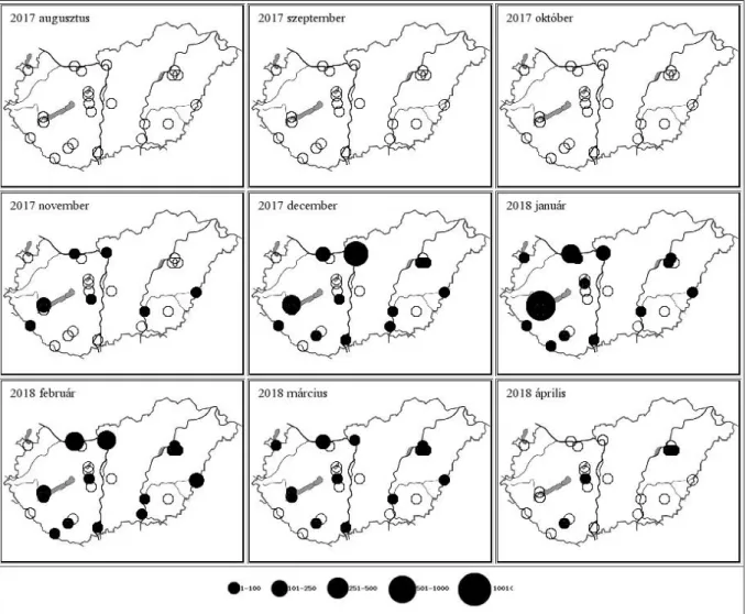 6. térkép: A kerceréce előfordulás havi mintázata Magyarországon, 2017/2018  Map 6: Monthly distribution pattern of Common Goldeneye in Hungary, 2017/2018 