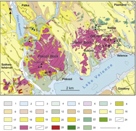 Fig. 1. Geologic map of the Velence Mountains (after Gyalog, 2005a, b) with the sampling sites