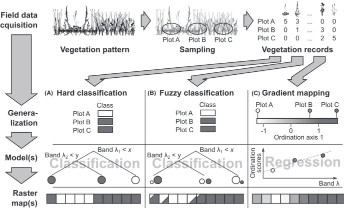 Figure 3. Workflows for (A) hard classification, (B) fuzzy classification and (C) gradient mapping