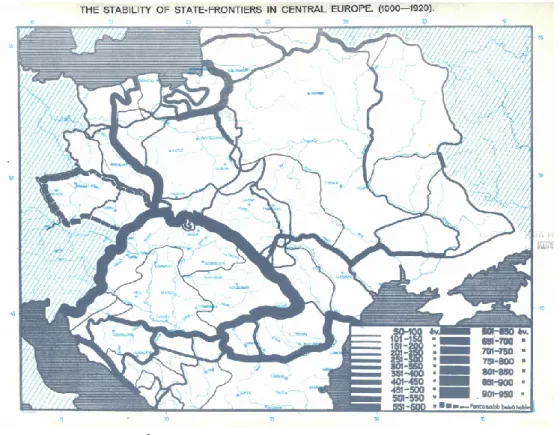 1. ábra: Államhatárok tartóssága Közép-Európában  Forrás: Rónai, (1945) 