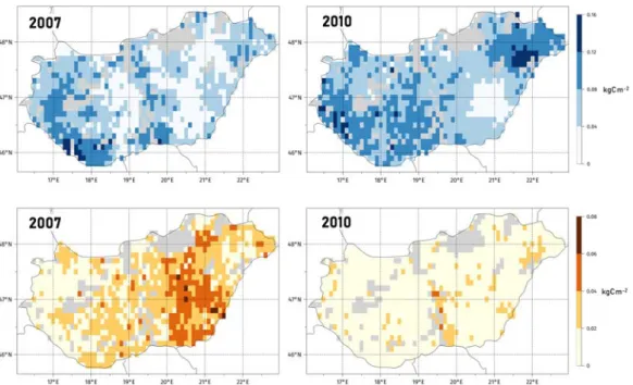 Figure 6. Spatial distribution of the yearly component of the climate (top) and soil (bottom) database related uncertainty of cropland NPP in a dry and in a wet year