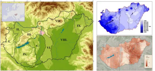 Figure 1. Location of the study area within Europe and its main regions (left): Feet of the Alps (I.),Little Hungarian Plain (II.), Transdanubian Mountains (III.), Transdanubian Hills (IV.), Great Hungarian Plain (V., VI, VIII., IX), North Hungarian Mounta